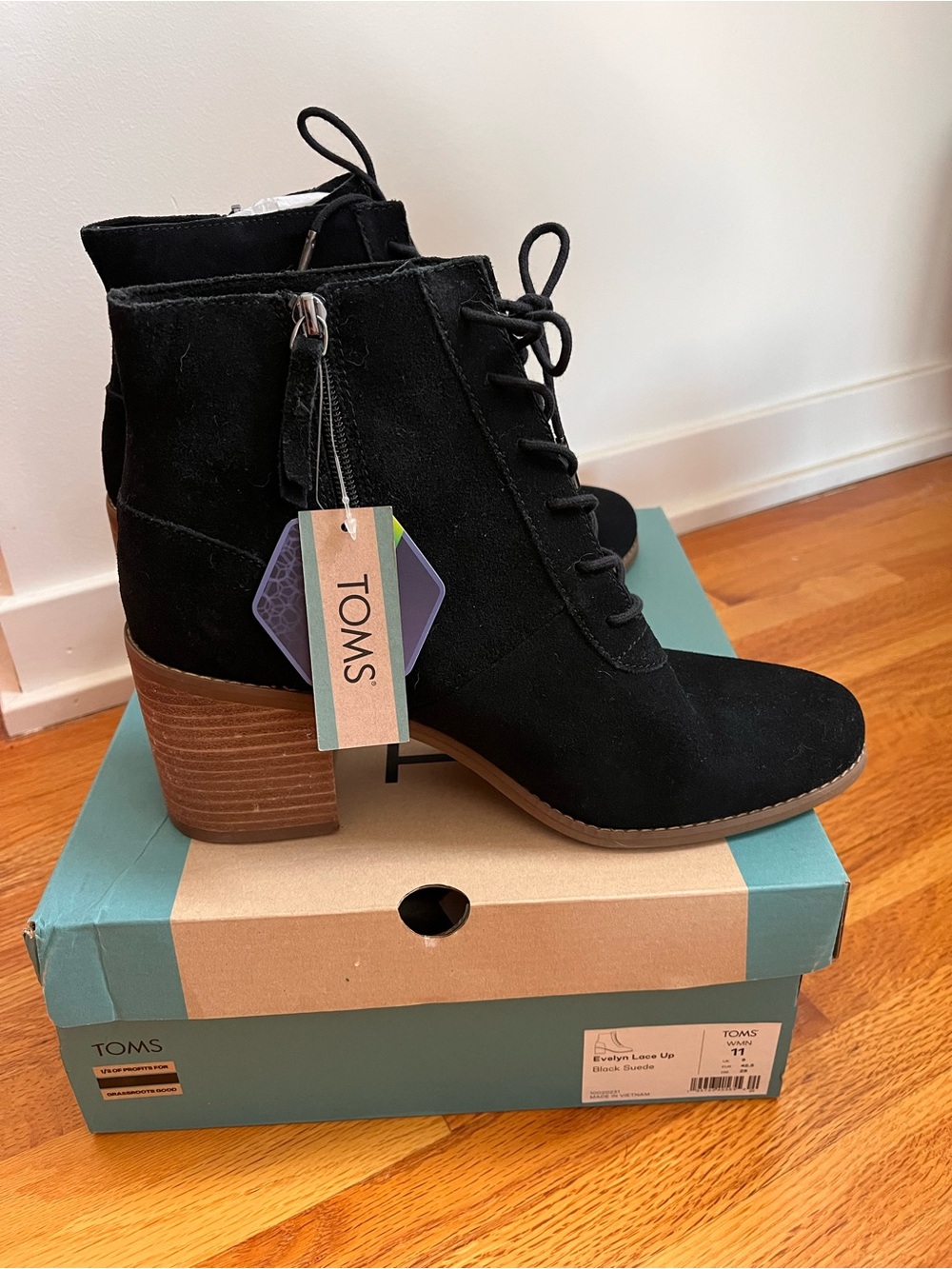 TOMS Black Suede Lace-Up Ankle Boots with Stacked Heel